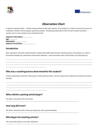 Observation Chart
It might be used by teachers – coaches during coaching session with students at risk of drop out. It helps to control the process of
undertaken activities and the progress gained by coachees. The following Observation Chart has been created by teachers –
coaches and it is only a sample of such educational tools.
Student’sinformation:………………….
Age:……………….
Nationality:……………………….
Student’sLevel/Class:………………………….
Introduction
Basic information about the coached student, anything that might help during the coaching sessions and activities e.g. cultural
and ethnical background, educational and personal experience, social-economical status of the family, risk of dropping out.
............................................................................................................................................................................................
............................................................................................................................................................................................
............................................................................................................................................................................................
........................................................................................
Why was a coaching process determinedfor this student?
A piece of information about the initial process of the coaching sessions: who the student was invited by, how she/he was chosen
and why.
............................................................................................................................................................................................
............................................................................................................................................................................................
............................................................................................................................................................................................
........................................................................................
When didthe coaching activity begin?
The date or the period of the school year.
…………………………………………………………………………………………………………………………………………………………..
How long did it last?
The date or the period of the school year; frequency of the sessions/activities.
…………………………………………………………………………………………………………………………………………………………..
Who began the coaching activity?
The name of the teacher or the team of teachers.
…………………………………………………………………………………………………………………………………………………………..
 