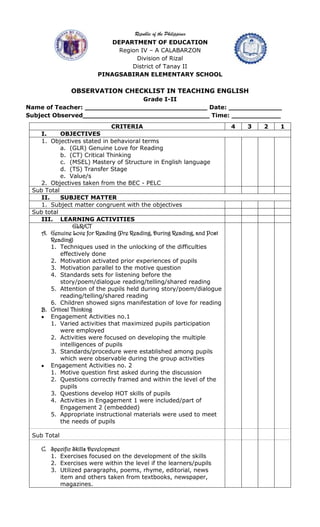 Observation checklist english | PDF