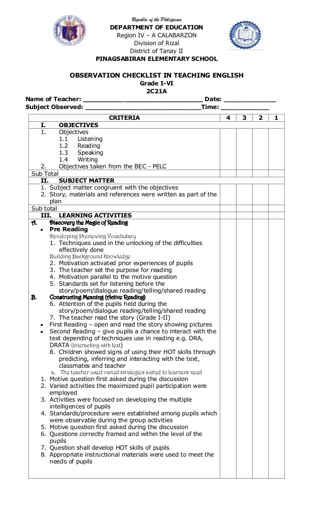 Observation checklist english