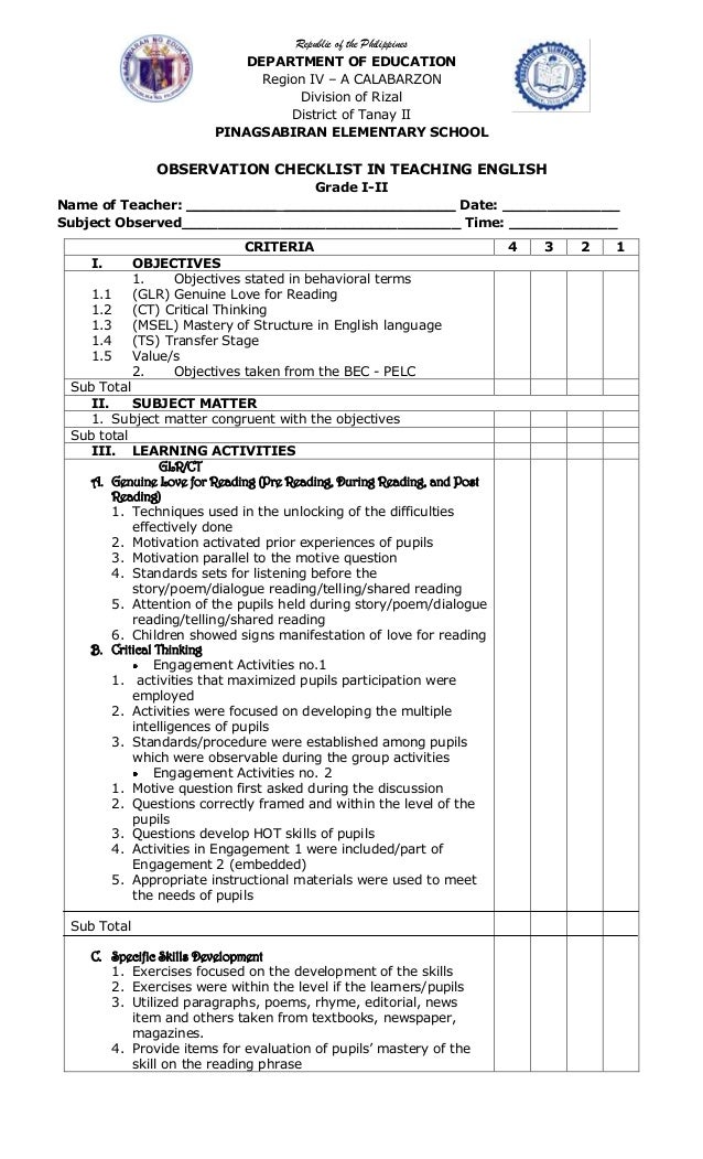observation checklist english observation form for teachers evaluation