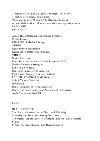 Timeline of Women's Rights Movement 1848-1998
Timeline of women's movement.
Violence Against Women Ads (Genderads.com)
A compilation of ads that portray violence against women.
RACE AND
ETHNICITY
Aaron Huey/National Geographic Creative
Media Library
CHAPTER 9 Media Library
AUDIO
Residential Segregation
Genocide in Darfur and Rwanda
VIDEO
White Privilege
Race Relations in America and Ferguson, MO
Native American Struggles
CQ RESEARCHER
Race and Education in America
Post Racial Society: Fact or Fiction?
PACIFIC STANDARD MAGAZINE
Side Effects of Racism
JOURNAL
Racial Disparities in incarceration
Racialization of Crime and Punishment in America
Arab Americans Post 9/11
p.203
IN THIS CHAPTER
The Social Construction of Race and Ethnicity
Minority and Dominant Group Relations
Theoretical Approaches to Ethnicity, Racism, and Minority
Status
Prejudice, Stereotyping, and Discrimination
 