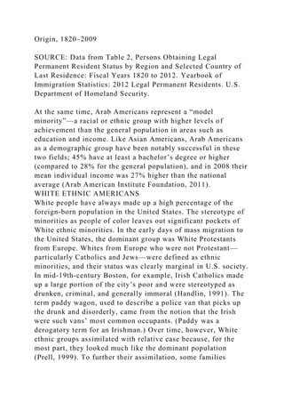 Origin, 1820–2009
SOURCE: Data from Table 2, Persons Obtaining Legal
Permanent Resident Status by Region and Selected Country of
Last Residence: Fiscal Years 1820 to 2012. Yearbook of
Immigration Statistics: 2012 Legal Permanent Residents. U.S.
Department of Homeland Security.
At the same time, Arab Americans represent a “model
minority”—a racial or ethnic group with higher levels of
achievement than the general population in areas such as
education and income. Like Asian Americans, Arab Americans
as a demographic group have been notably successful in these
two fields; 45% have at least a bachelor’s degree or higher
(compared to 28% for the general population), and in 2008 their
mean individual income was 27% higher than the national
average (Arab American Institute Foundation, 2011).
WHITE ETHNIC AMERICANS
White people have always made up a high percentage of the
foreign-born population in the United States. The stereotype of
minorities as people of color leaves out significant pockets of
White ethnic minorities. In the early days of mass migration to
the United States, the dominant group was White Protestants
from Europe. Whites from Europe who were not Protestant—
particularly Catholics and Jews—were defined as ethnic
minorities, and their status was clearly marginal in U.S. society.
In mid-19th-century Boston, for example, Irish Catholics made
up a large portion of the city’s poor and were stereotyped as
drunken, criminal, and generally immoral (Handlin, 1991). The
term paddy wagon, used to describe a police van that picks up
the drunk and disorderly, came from the notion that the Irish
were such vans’ most common occupants. (Paddy was a
derogatory term for an Irishman.) Over time, however, White
ethnic groups assimilated with relative ease because, for the
most part, they looked much like the dominant population
(Prell, 1999). To further their assimilation, some families
 
