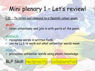 Mini plenary 1 – Let’s review!
L.O. - To listen and respond to a Spanish colour poem.
MUST:
• listen attentively and join in with parts of the poem.
SHOULD:
• recognise words in written form.
• use my LLS to work out what unfamiliar words mean.
COULD:
• pronounce unfamiliar words using phonic knowledge.
BLP Skill:
 