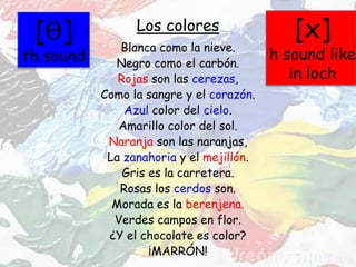 Los colores
Blanca como la nieve.
Negro como el carbón.
Rojas son las cerezas,
Como la sangre y el corazón.
Azul color del cielo.
Amarillo color del sol.
Naranja son las naranjas,
La zanahoria y el mejillón.
Gris es la carretera.
Rosas los cerdos son.
Morada es la berenjena.
Verdes campos en flor.
¿Y el chocolate es color?
¡MARRÓN!
[Ɵ]
th sound
[x]
h sound like
in loch
 