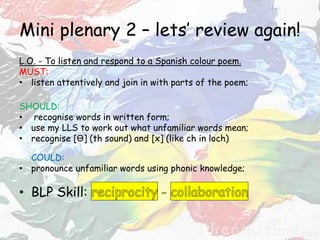 Mini plenary 2 – lets’ review again!
L.O. - To listen and respond to a Spanish colour poem.
MUST:
• listen attentively and join in with parts of the poem;
SHOULD:
• recognise words in written form;
• use my LLS to work out what unfamiliar words mean;
• recognise [Ɵ] (th sound) and [x] (like ch in loch)
COULD:
• pronounce unfamiliar words using phonic knowledge;
• BLP Skill:
 