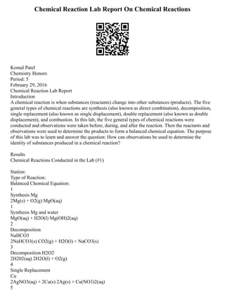 Chemical Reaction Lab Report On Chemical Reactions
Komal Patel
Chemistry Honors
Period: 5
February 29, 2016
Chemical Reaction Lab Report
Introduction
A chemical reaction is when substances (reactants) change into other substances (products). The five
general types of chemical reactions are synthesis (also known as direct combination), decomposition,
single replacement (also known as single displacement), double replacement (also known as double
displacement), and combustion. In this lab, the five general types of chemical reactions were
conducted and observations were taken before, during, and after the reaction. Then the reactants and
observations were used to determine the products to form a balanced chemical equation. The purpose
of this lab was to learn and answer the question: How can observations be used to determine the
identity of substances produced in a chemical reaction?
Results
Chemical Reactions Conducted in the Lab (#1)
Station:
Type of Reaction:
Balanced Chemical Equation:
1
Synthesis Mg
2Mg(s) + O2(g) MgO(aq)
1
Synthesis Mg and water
MgO(aq) + H2O(l) Mg(OH)2(aq)
2
Decomposition
NaHCO3
2NaHCO3(s) CO2(g) + H2O(l) + NaCO3(s)
3
Decomposition H2O2
2H202(aq) 2H2O(l) + O2(g)
4
Single Replacement
Cu
2AgNO3(aq) + 2Cu(s) 2Ag(s) + Cu(NO3)2(aq)
5
 