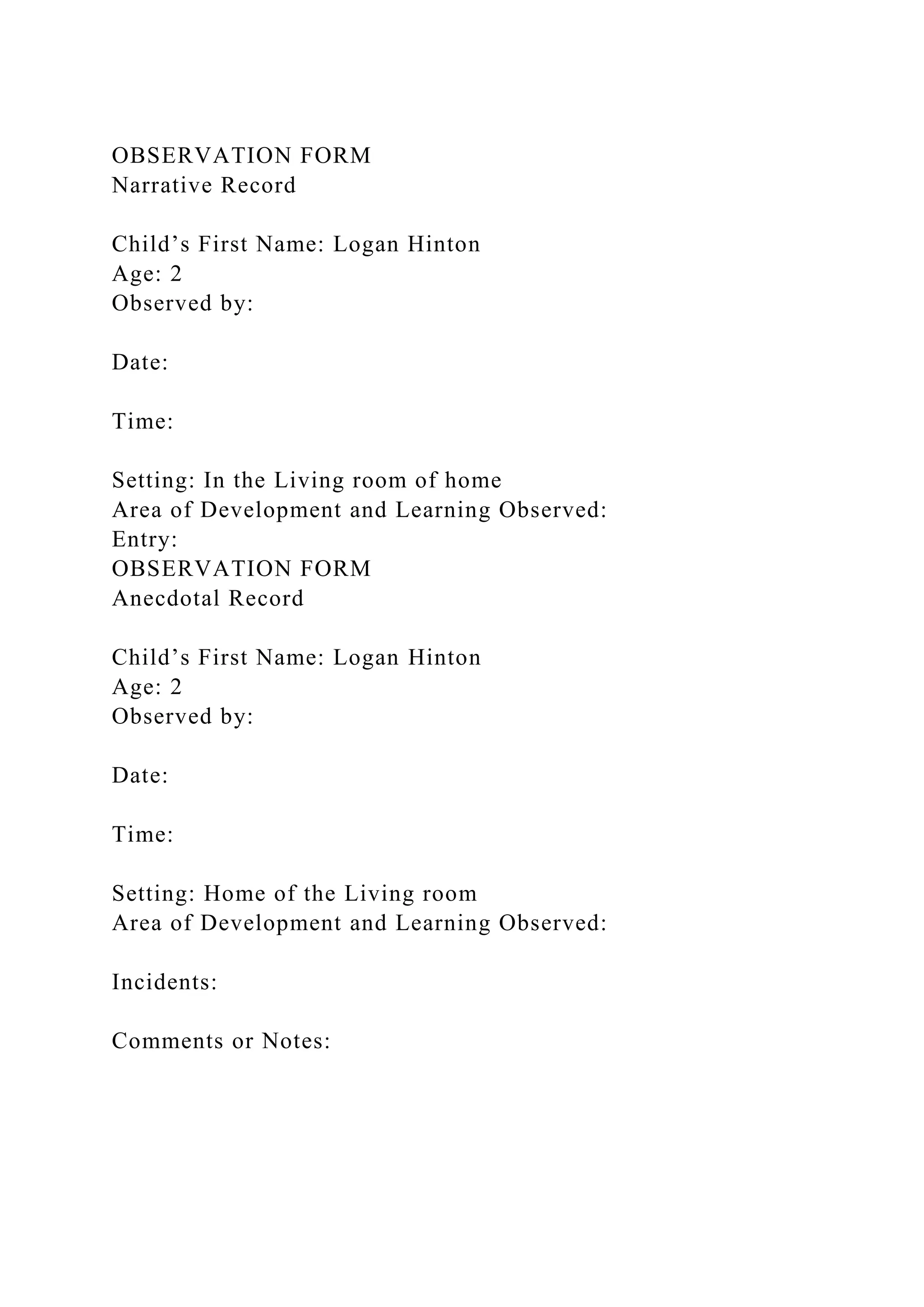 OBSERVATION FORMNarrative RecordChild’s First Name Logan Hint.docx