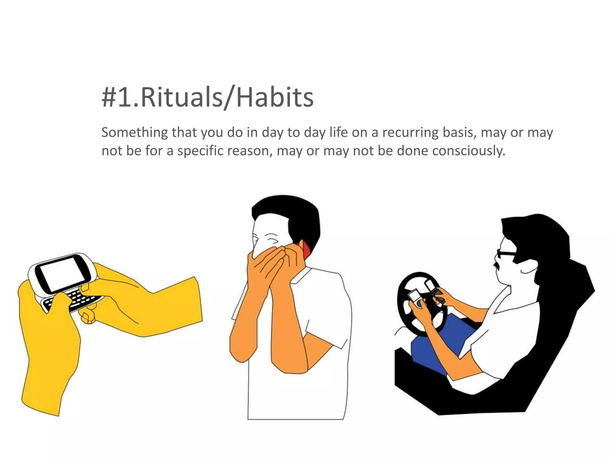 #1.Rituals/Habits
Something that you do in day to day life on a recurring basis, may or may
not be for a specific reason, may or may not be done consciously.
 