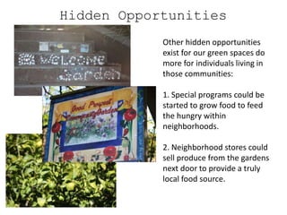 Hidden Opportunities
            Other hidden opportunities
            exist for our green spaces do
            more for individuals living in
            those communities:

            1. Special programs could be
            started to grow food to feed
            the hungry within
            neighborhoods.

            2. Neighborhood stores could
            sell produce from the gardens
            next door to provide a truly
            local food source.
 