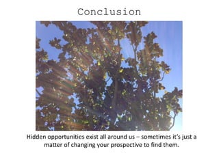 Conclusion




Hidden opportunities exist all around us – sometimes it’s just a
     matter of changing your prospective to find them.
 