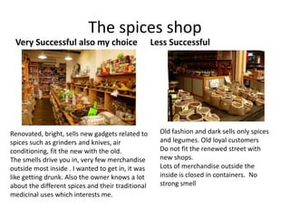 The spices shop
 Very Successful also my choice                    Less Successful




Renovated, bright, sells new gadgets related to      Old fashion and dark sells only spices
spices such as grinders and knives, air              and legumes. Old loyal customers
conditioning, fit the new with the old.              Do not fit the renewed street with
The smells drive you in, very few merchandise        new shops.
outside most inside . I wanted to get in, it was     Lots of merchandise outside the
like getting drunk. Also the owner knows a lot       inside is closed in containers. No
about the different spices and their traditional     strong smell
medicinal uses which interests me.
 