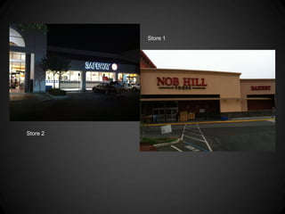 Store 1




Store 2




•   Closed doors – feels secure with kids, but
    didn’t draw me in
•   Sign letter matches the size of store
 