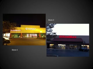 Store 3




                            Store 4



•   Closed doors – feels secure with kids, but
    didn’t draw me in
•   Sign letter matches the size of store
 