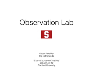 Observation Lab



         Oscar Pekelder
         the Netherlands

   “Crash Course on Creativity”
         assignment #2
       Stanford University
 