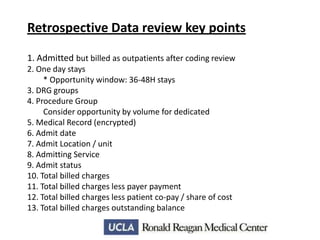 Retrospective Data review key points
1. Admitted but billed as outpatients after coding review
2. One day stays
* Opportunity window: 36-48H stays
3. DRG groups
4. Procedure Group
Consider opportunity by volume for dedicated
5. Medical Record (encrypted)
6. Admit date
7. Admit Location / unit
8. Admitting Service
9. Admit status
10. Total billed charges
11. Total billed charges less payer payment
12. Total billed charges less patient co-pay / share of cost
13. Total billed charges outstanding balance

 