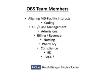OBS Team Members
• Aligning MD-Facility interests
• Coding
• UR / Case Management
• Admissions
• Billing / Revenue
• Nursing
• Pharmacy
• Compliance
• ED
• PACU?

 