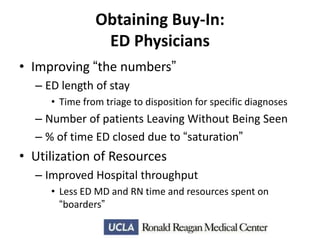 Obtaining Buy-In:
ED Physicians
• Improving “the numbers”
– ED length of stay
• Time from triage to disposition for specific diagnoses

– Number of patients Leaving Without Being Seen
– % of time ED closed due to “saturation”

• Utilization of Resources
– Improved Hospital throughput
• Less ED MD and RN time and resources spent on
“boarders”

 