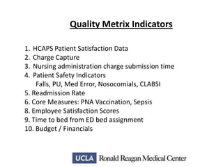 Quality Metrix Indicators
1.
2.
3.
4.

HCAPS Patient Satisfaction Data
Charge Capture
Nursing administration charge submission time
Patient Safety Indicators
Falls, PU, Med Error, Nosocomials, CLABSI
5. Readmission Rate
6. Core Measures: PNA Vaccination, Sepsis
8. Employee Satisfaction Scores
9. Time to bed from ED bed assignment
10. Budget / Financials

 