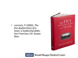 • Lencioni, P. (2002). The
five dysfunctions of a
team: a leadership fable,
San Francisco, CA: JosseyBass.

 