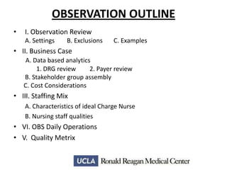 OBSERVATION OUTLINE
•

I. Observation Review
A. Settings

B. Exclusions

C. Examples

• II. Business Case
A. Data based analytics
1. DRG review
2. Payer review
B. Stakeholder group assembly
C. Cost Considerations

• III. Staffing Mix
A. Characteristics of ideal Charge Nurse
B. Nursing staff qualities

• VI. OBS Daily Operations
• V. Quality Metrix

 