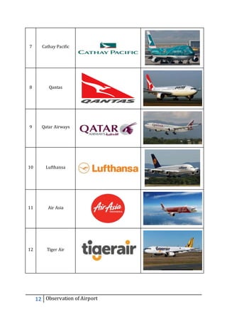 7 Cathay Pacific 
8 Qantas 
9 Qatar Airways 
10 Lufthansa 
11 Air Asia 
12 Tiger Air 
12 Observation of Airport 
 