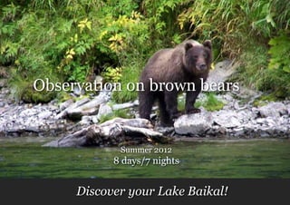 Observation on brown bears


            Summer 2012
           8 days/7 nights


     Discover your Lake Baikal!
 