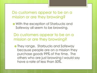 Do customers appear to be on a
mission or are they browsing?
 With
     the exception of Starbucks and
 Safeway all seem to be browsing.

Do customers appear to be on a
mission or are they browsing?
  Theyrange. Starbucks and Safeway
  because people are on a mission they
  purchase goods 99% of the time. The
  others who are just browsing I would say
  have a rate of less than 50%.
 
