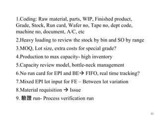 1.Coding: Raw material, parts, WIP, Finished product, Grade, Stock, Run card, Wafer no, Tape no, dept code, machine no, document, A/C, etc 2.Heavy loading to review the stock by bin and SO by range 3.MOQ, Lot size, extra costs for special grade? 4.Production to max capacity- high inventory 5.Capacity review model, bottle-neck management 6.No run card for EPI and BE   FIFO, real time tracking? 7.Mixed EPI lot input for FE – Between lot variation 8.Material requisition    Issue 9. 驗證 run- Process verification run 