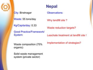 Nepal 
City: Biratnagar 
Waste: 55 tons/day 
Kg/Capita/day: 0.33 
Good Practice/Framework/ 
System: 
Waste composition (75% 
organic) 
Solid waste management 
system (private sector) 
Observations: 
Why landfill site ? 
Waste reduction targets? 
Leachate treatment at landfill site ! 
Implementation of strategies? 
 