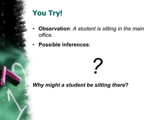 You Try!
• Observation: A student is sitting in the main
office.
• Possible inferences:
?
Why might a student be sitting there?
 