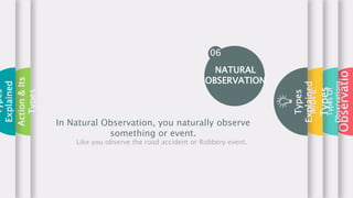Observatio
Types
Of
Observations
More
Types
Types
Explained
06
In Natural Observation, you naturally observe
something or event.
Like you observe the road accident or Robbery event.
NATURAL
OBSERVATION
Action
&
Its
Types
Types
Explained
 
