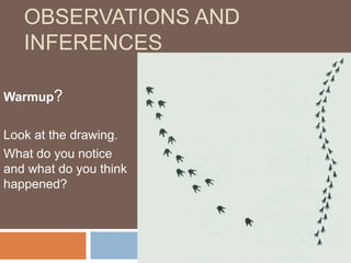 Observations and Inferences Warmup? Look at the drawing.  What do you notice and what do you think happened? 