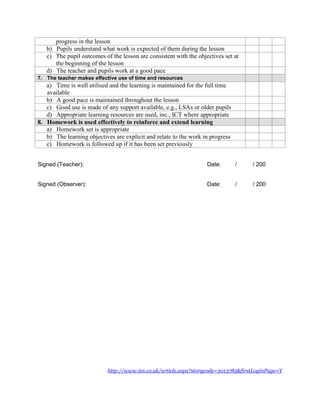 Observation Sheet For Teachers