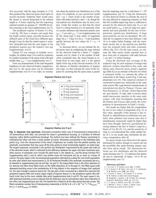 first encounter with the rings [compare to (17)],
then produced the observed ejecta cloud upon its
second encounter. Keplerian shear would cause
the stream to spread along-track to the inferred
length in ~8 hours, implying that the impacting
material reached an apoapse of ~160,000 km be-
fore returning to the ring (supplementary text 5).
The peripheral regions of feature Cx (Fig.
1 and fig. S9) have a steeper cant angle than
the bright central region, possibly because the
different parts of the cloud have different ages,
though it may be that the central region is some-
how distended and that the cant angles in the
peripheral regions give the feature’s true age
(supplementary text 6).
Feature C6 was imaged at multiple wave-
lengths. Its reddish slope (18) could be explained
by a deficit of particles in the ejecta cloud with radii
smaller than smin ≈ 3 mm (supplementary text 7).
From our measurements of the total integrated
brightness of each observed feature (supplemen-
tary text 2), the ejecta mass can be estimated
(supplementary text 8) if we make an assump-
tion about the particle-size distribution n(s) of the
ejecta. For simplicity, we use a power-law model
n(s) = n0s−q
, where n(s)ds is the number of par-
ticles with radius between s and s + ds, though the
real particle-size distribution may be more com-
plex. Under this model, we find that the cloud
mass is a strong function of q. In particular, when
we assume minimum and maximum particle sizes
smin = 3 μm and smax = 3 cm (supplementary text
8), the cloud mass is four orders of magnitude
larger for q < 3 than it is for q > 4 and transitions
quickly between the two values for 3 < q < 4
(fig. S10).
As discussed above, we can estimate the ini-
tial ejecta mass by multiplying the mass inferred
for the observed cloud by a factor eNt
(supple-
mentary text 8), where N is the number of half-
orbits completed since the cloud formed as in-
ferred from its cant angle, and t is the optical
depth of the ring at the relevant location (19). In
the absence of detailed calculations of impacts
into rings, we then estimate the mass of the im-
pactor by assuming that the ejecta mass is greater
than the impacting mass by a yield factor Y ≈ 104
(supplementary text 9). Using the dimensions
of each observed feature to estimate the area of
the ring affected by impacting material, we find
that the available target ring mass is sufficient to
account for the observed cloud only if q is not
too small and/or smax is not too large (or, equiv-
alently and more generally for the case of non–
power-law particle-size distributions, if large
ejecta particles are not too abundant). We esti-
mate the Ax impactor to have been between 1 and
10 m in radius before breakup, with the uncer-
tainty mostly due to the particle-size distribu-
tion, the assumed yield, and other systematic
effects (fig. S11). For the same reason, we esti-
mate the other ejecta clouds reported here to
have been due to impactors with radii between
1 cm and 1 m before breakup.
Using the fractional area coverage of the
respective ring for each sequence of images that
detected a feature described in this work, and
taking each observed ejecta cloud’s apparent
age (table S2) as an estimate of the time for which
it remained visible, we estimate the influx of
meteoroids to the Saturn system (Fig. 4 and sup-
plementary text 10). This empirical estimate of
centimeter-to-meter-size meteoroids in the outer
solar system fills a gap between measurements of
micrometer-size dust by Pioneer, Ulysses, and
New Horizons (1, 8, 20) and ~10-km objects that
are seen directly. To date, little is known about
small macroscopic particles in the outer solar
system, with most investigators assuming that
the Pioneer and Ulysses data justify the extra-
polation of measurements in Earth’s vicinity.
Our results are higher than the extrapolation
by one or two orders of magnitude (Fig. 4); at
face value, especially if this increase is also re-
flected in submillimeter-to-millimeter-size par-
ticles, then pollution and erosion rates due to
interplanetary meteoroids might be higher than
have been thought. However, gravitational fo-
cusing enhances the flux at Saturn’s rings by a
factor of 4 to 40 (20, 21), and the sensitivity of
rings to a two-directional flux yields another fac-
tor of 2, so our results may corroborate the pre-
vious extrapolation after all.
No ejecta clouds were observed in the region
dominated by spokes, though we cannot rule out
the possibility that spoke-forming impacts may
also form ejecta clouds. The intersection be-
tween our size distribution and the observed
spoke-forming rate (21, 22) indicates that spokes
are due to meteoroids of radius ~10 to 50 cm
(supplementary text 11).
References and Notes
1. J. N. Cuzzi, P. R. Estrada, Icarus 132, 1 (1998).
2. R. H. Durisen, P. W. Bode, J. N. Cuzzi, S. E. Cederbloom,
B. W. Murphy, Icarus 100, 364 (1992).
3. S. Charnoz, L. Dones, L. W. Esposito, P. R. Estrada,
M. M. Hedman, in Saturn from Cassini-Huygens,
M. Dougherty, L. Esposito, S. M. Krimigis, Eds. (Springer,
Dordrecht, Netherlands, 2009), pp. 537–575.
4. C. K. Goertz, G. Morfill, Icarus 53, 219 (1983).
5. C. Mitchell, C. Porco, L. Dones, J. Spitale, Icarus
10.1016/j.icarus.2013.02.011 (2013).
0.1 1.0 10.0
Impactor Radius (m) if q=3
EstimatedInfluxRateΦ(m-2s-1)
Impactor Radius (m) if q=4
0.01
10-16
10-17
10-18
10-19
10-20
0.10 1.00 10.00
Fig. 4. Impactor size spectrum. Estimated cumulative influx rate of interplanetary meteoroids at
10 astronomical units (AU), not corrected for Saturn’s gravitational focusing, as a function of inferred
impactor radius (before preliminary breakup). The vertical error bars indicate the Poisson uncertainty in
estimating the influx rate from a small number of events. Horizontal uncertainties in the individual data
points (e.g., from the measurement of the cloud’s brightness) are smaller than the plotted symbols, but
systematic uncertainties that may cause all the data points to move horizontally together are quite large.
The largest systematic uncertainty is the particle-size distribution (represented by the power-law index q)
of the observed clouds, which is indicated by the difference between the upper and lower horizontal axes;
other sources of systematic error include the yield factor Y, the albedo ϖ0, and the phase function P(a)
(supplementary texts 2 and 9), which may further move the horizontal axis by as much as a factor of
several. The gray region is the micrometeoroid population estimated by scaling the near-Earth population
by outer solar system dust measurements (1, 8); its horizontal breadth is the systematic uncertainty due to q.
As detailed in supplementary text 10 and figs. S6 and S7, the lowest filled circle is the 2012 detection of
C6, whereas the other three filled circles are the 2005 detections of C1 through C5. The filled square with
downward-pointing arrow is the nondetection of A-ring objects in the sequence of images that captured
C6. The open triangle is equinox feature Bx. The two open circles connected by a dotted line represent the
peripheral regions (left) and central region (right) of equinox feature Cx; the peripheral regions (the left-
hand circle) may be the more reliable data point (supplementary texts 6 and 9). The open square is Ax,
with downward-pointing arrow to indicate that the detection may be coincidental rather than indicative of
the influx rate (supplementary text 10). The dashed line is fitted to all the data points that lack arrows. The
fitted cumulative number flux of interplanetary meteoroids at 10 AU is F ≈ (3 × 10−9
m−2
s−1
) Rimpactor
−3.6
for q = 3 and Rimpactor in meters.
www.sciencemag.org SCIENCE VOL 340 26 APRIL 2013 463
REPORTS
onMay4,2013www.sciencemag.orgDownloadedfrom
 