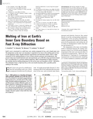 6. M. R. Showalter, Science 282, 1099 (1998).
7. R. S. French et al., Icarus 219, 181 (2012).
8. E. Grün, H. A. Zook, H. Fechtig, R. H. Giese, Icarus 62,
244 (1985).
9. S. Bouley et al., Icarus 218, 115 (2012).
10. L. S. Chambers, J. N. Cuzzi, E. Asphaug, J. Colwell, S. Sugita,
Icarus 194, 623 (2008).
11. Some “flashes” of unknown provenance were reportedly
seen in Voyager data (23, 24), but these have not been
confirmed nor generally accepted.
12. C. C. Porco et al., Space Sci. Rev. 115, 363 (2004).
13. Details of our observations and data reduction are given
in sections 1 and 2 (respectively) of the supplementary
materials text.
14. A. Van Helden, in Saturn, T. Gehrels, M. S. Matthews, Eds.
(Univ. of Arizona Press, Tucson, AZ, 1984), pp. 23–43.
15. M. S. Tiscareno, in Planets, Stars, and Stellar Systems,
Volume 3: Solar and Stellar Planetary Systems,
T. D. Oswalt, L. French, P. Kalas, Eds. (Springer,
Dordrecht, Netherlands, in press); http://arxiv.org/abs/
1112.3305.
16. P. D. Nicholson, M. M. Hedman, Icarus 206, 410 (2010).
17. M. M. Hedman, J. A. Burns, M. W. Evans, M. S. Tiscareno,
C. C. Porco, Science 332, 708 (2011).
18. All measured brightnesses are relative to the ring background.
19. J. E. Colwell et al., in Saturn from Cassini-Huygens,
M. Dougherty, L. Esposito, S. M. Krimigis, Eds.
(Springer, Dordrecht, Netherlands, 2009),
pp. 375–412.
20. A. R. Poppe, M. Horányi, Geophys. Res. Lett. 39, 15104
(2012).
21. J. N. Cuzzi, R. H. Durisen, Icarus 84, 467 (1990).
22. E. Grün, G. W. Garneau, R. J. Terrile, T. V. Johnson,
G. E. Morfill, Adv. Space Res. 4, 143 (1984).
23. A. F. Cook, T. C. Duxbury, J. Geophys. Res. 86, 8815
(1981).
24. A. F. Cook, R. Barrey, G. E. Hunt, Bull. Am. Astron. Soc.
15, 814 (1983).
Acknowledgments: We thank M. Showalter for helpful
discussions and for the use of Mie scattering code. We thank
the Cassini project and the Cassini Imaging Team for making
these observations possible. M.S.T. acknowledges funding from
the NASA Cassini Data Analysis program (NNX08AQ72G and
NNX10AG67G) and the Cassini project. C.D.M. acknowledges
funding from the Science and Technology Facilities Council
(grant ST/F007566/1).
Supplementary Materials
www.sciencemag.org/cgi/content/full/340/6131/460/DC1
Supplementary Text
Figs. S1 to S11
Tables S1 to S7
References (25–38)
3 December 2012; accepted 18 March 2013
10.1126/science.1233524
Melting of Iron at Earth’s
Inner Core Boundary Based on
Fast X-ray Diffraction
S. Anzellini,1
* A. Dewaele,1
M. Mezouar,2
P. Loubeyre,1
G. Morard3
Earth’s core is structured in a solid inner core, mainly composed of iron, and a liquid outer core.
The temperature at the inner core boundary is expected to be close to the melting point of iron
at 330 gigapascal (GPa). Despite intensive experimental and theoretical efforts, there is little
consensus on the melting behavior of iron at these extreme pressures and temperatures. We
present static laser-heated diamond anvil cell experiments up to 200 GPa using synchrotron-based
fast x-ray diffraction as a primary melting diagnostic. When extrapolating to higher pressures,
we conclude that the melting temperature of iron at the inner core boundary is 6230 T 500 kelvin.
This estimation favors a high heat flux at the core-mantle boundary with a possible partial
melting of the mantle.
E
arth’s inner core grows by solidification
from the surrounding outer core, which
is composed of molten iron (Fe) alloyed
with ~10 weight percent light elements (1). Seis-
mological data reveal important physical prop-
erties of the core, such as density (and, hence,
pressure) and elasticity; however, they cannot
directly reveal the corresponding temperature.
Temperature in the core places important con-
straints on parameters like heat flux to the mantle,
power for the geodynamo, and cooling rate, all
of which are fundamental to Earth’s heat bud-
get and dynamics (2).
The temperature at the inner core boundary
(ICB) is bracketed between the melting tem-
perature of pure Fe at 330 GPa and the liquidus
temperature of the outer core iron-rich alloy (3)
[expected to be depressed by ~700 K (4)]. Nei-
ther dynamic (5–7) and static (8–11) compression
measurements nor thermodynamic modeling
(12–15) have resulted in a consensus on ICB melt-
1
Commissariat à l’Énergie Atomique, Direction des Applications
Militaires Îlede France91297 Arpajon Cedex, France. 2
European
Synchrotron Radiation Facility, BP 220, F-38043 Grenoble
Cedex, France. 3
Institut de Minéralogie et de Physique des
Milieux Condensés UMR CNRS 7590, Université Pierre et Marie
Curie, 75005 Paris, France.
*Corresponding author. E-mail: simone.anzellini@cea.fr
Fig. 1. XRD patterns as a function of temper-
ature, pressure, and time. (A and B) XRD patterns
of a ≈3-mm-thick (≈7-mm-thick) sample during a
heating series at P ≈ 133 GPa and 53 GPa, respec-
tively, recorded at different temperatures. g-Fe, e-Fe,
and KCl pressure medium diffraction peaks are la-
beled. Liquid Fe is evidenced by a diffuse ring at
2q = 10° to 13.5°. (C and D) Pyrometry tempera-
ture, measured and predicted (25, 26). Fe volume
as a function of time for the thin (C) and thick (D)
samples. The laser’s power is linear with time. Data
are in table S1.
P~133 GPa P~53 GPa
4000
3000
T(K)
Time (minutes)
5.10
5.05
5.00
V(cm
3
/mol)
Temperature
ε-Fe volume
Predicted volume (25)
T0
T1
T2
1 2 3
Intensity(arbitraryunits)
1816141210
2θ (degree)
KCl
KCl
ε-Fe100
ε-Fe101
T0=3889 K
T1=4175 K
.....T2=4292 K
liquid Fe
diffuse signal
4000
3000
2000
T(K)
Time (minutes)
6.0
5.8
V(cm
3
/mol)
Temperature
ε-Fe volume
γ-Fe volume
T0
T2T1
Predicted volume (26)
1 2 3 4
Intensity(arbitraryunits)
1514131211109
2θ (degree)
KCl
KCl
γ-Fe111
γ-Fe200
T0=3031 K
T1=3248 K
..... T2=3300 K
liquid Fe
diffuse signal
A B
C D
26 APRIL 2013 VOL 340 SCIENCE www.sciencemag.org464
REPORTS
onMay4,2013www.sciencemag.orgDownloadedfrom
 