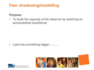 Peer shadowing/modellingPurpose:To build the capacity of the observer by watching an accomplished practitioner Lead into something bigger………