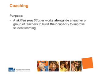 CoachingPurpose:A skilled practitioner works alongside a teacher or group of teachers to build their capacity to improve student learning
