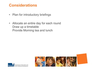 ConsiderationsPlan for introductory briefingsAllocate an entire day for each roundDraw up a timetableProvide Morning tea and lunch 