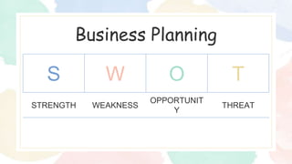 Business Planning
S W O T
STRENGTH WEAKNESS
OPPORTUNIT
Y
THREAT
 