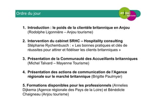 Ordre du jour
1. Introduction : le poids de la clientèle britannique en Anjou
(Rodolphe Ligonnière – Anjou tourisme)
2. Intervention du cabinet SRHC – Hospitality consulting
Stéphanie Rychembusch : « Les bonnes pratiques et clés de
réussites pour attirer et fidéliser les clients britanniques »
3. Présentation de la Communauté des Accueillants britanniques
(Michel Talvard – Mayenne Tourisme)
4. Présentation des actions de communication de l’Agence
régionale sur le marché britannique (Brigitte Paulmyer)
5. Formations disponibles pour les professionnels (Annelies
Dijkema (Agence régionale des Pays de la Loire) et Bénédicte
Chaigneau (Anjou tourisme)
 