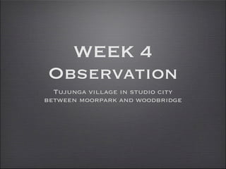 WEEK 4
Observation
  Tujunga village in studio city
between moorpark and woodbridge
 