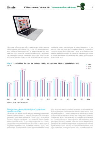 Étude                               L’ Observatoire Cetelem 2011 / Consommation en Europe                                                                                                 7




 La Hongrie, la Roumanie et le Portugal se situent très en dessous                              mateurs et pèsent sur leur moral : la grève générale du 24 no-
 de la moyenne européenne (3,6 ; 2,8 et 2,7 respectivement),                                    vembre a été très suivie au Portugal en signe de protestation
 alors même qu’ils estiment que 2011 sera une année plus favo-                                  contre la hausse de 2 points de la TVA et de la réduction des
 rable que 2010 (puisqu’ils orientent tous leur note à la hausse).                              salaires des fonctionnaires ; de même, les manifestations contre
 Les mesures d’austérité budgétaire annoncées pour 2011 en                                      la baisse des salaires ont rassemblé des milliers de Roumains
 Roumanie et au Portugal sont mal acceptées par les consom-                                     à l’automne 2010.


 Fig.5 - Évolution du taux de chômage 2009, estimations 2010 et prévisions 2011
                                                                                                                                                                               o 2009
 (En %)
                                                                                                                                                                               o 2010
                                                                                                                                                                               o 2011
                                19,8
                                     19,1
                             18,0

                                                                                                                                                    14,113,4
                                                                                                                                                 12,1
                                                                            10,711,4                    11,311,7
                                                                         9,5                         10,1                9,6 8,9
                       8,8                  9,19,3 9,1
             7,9 8,6                                     7,8
                                                               8,6 8,5
                                                                                       7,6 7,9 7,8                 8,2                                         8,4
7,4 6,9
       6,3                                                                                                                         6,7 7,5 7,1                       7,5 7,3
                                                                                                                                                                               6,3
                                                                                                                                                                                     7,2 7,1




 DE           BE               ES            FR           IT             PT             UK            HU            PL              CZ            SK            RU              RO
 Source : OCDE, FMI (RU et RO).




 Des jeunes généralement plus optimistes                                                        pour les jeunes italiens, russes et roumains qui accordent une
 que leurs aînés                                                                                note de perception inférieure à celle donnée par les seniors. Pour
 Les jeunes sont dans la plupart des pays davantage confiants en                                les jeunes italiens (0,7 point d’écart avec les seniors) et roumains
 l’avenir que leurs aînés. La note de perception de la situation                                (0,6 point d’écart avec leurs aînés), cela n’est guère surprenant,
 générale du pays dans un an est de 4,6 sur 10 pour les moins de                                compte tenu de leur évaluation déjà plus négative de la situation
 30 ans (+ 0,2 point par rapport à leur estimation portant sur l’an-                            sur l’année 2010. Leurs préoccupations actuelles ne trouvent
 née 2010), contre 4,2 sur 10 pour les plus de 50 ans (+ 0,3 point).                            pas de solution à court terme. Pour la Russie, la différence de
 Les jeunes consommateurs sont en outre au-dessus de la                                         perception du futur entre les jeunes et leurs aînés n’est pas très
 moyenne européenne qui est, rappelons-le, de 4,3 sur 10 pour 2011.                             significative (0,1 point d’écart) : les consommateurs russes, tous
 En revanche, les perspectives d’avenir apparaissent moins riantes                              âges confondus, envisagent l’avenir avec une relative sérénité.
 
