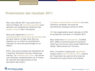 Méthodologie de l’enquête




Présentation des résultats 2011

Pour cette édition 2011 nous avons fait le     Le réseau social (Viadeo et Twitter) est venu
choix d’intégrer de nouvelles questions pour   utilement compléter nos outils de
identifier les modalités de traitement des     recrutements classique comme en 2010.
projets intranet dans l’entreprise.
                                               50% des organisations ayant répondu en 2010
Nous avons également enrichi le                on accepté de contribuer à l’enquête 2011.
questionnement autour de la gouvernance ce
qui peut induire un léger biais dans les       Nous remercions les associations : ClubNet,
réponses sur ce critère et partiellement       AFCI, ADBS et Communication & Entreprise
expliquer le recul des pourcentage sur ce      (Ujjef) qui ont encore cette année fidèlement
thème.                                         relayé l’Observatoire de l’intranet.

Enfin, nous avons proposé aux répondants de    Enfin, le nombre croissant des répondants
s’exprimer librement à de plus nombreuses      chaque année, près de 400 en 2011, atteste
reprises. Ce verbatim plus riche nous donne    de l’importance du sujet et de la prise de
une indication complémentaire sur le niveau    conscience du corps social à son endroit.
de maturité des organisations et leur
perception des enjeux.


                                                                        Résultat de l’enquête 2011 - Page 10
 