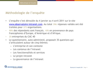 Méthodologie de l’enquête




Méthodologie de l’enquête

•   L’enquête s’est déroulée du 4 janvier au 4 avril 2011 sur le site
    www.observatoire-intranet.com. Au total 396 réponses valides ont été
    traitées pour 373 organisations.
•   90% des répondants sont français. 10% en provenance de pays
    francophones d’Europe, d’Amérique et d’Afrique.
•   25 entreprises du CAC 40
•   Le questionnaire, auto-administré, proposait 35 questions qui
    s’articulaient autour de cinq thèmes:
     – L’entreprise et son contexte
     – Les contenus de l’intranet
     – Les fonctionnalités et services
     – Le projet intranet
     – La gouvernance de l’intranet


                                                                Résultat de l’enquête 2011 - Page 11
 