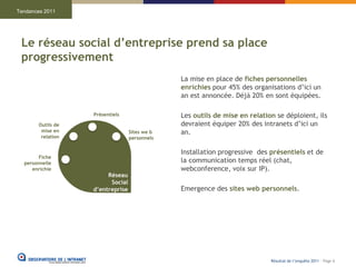 Tendances 2011




 Le réseau social d’entreprise prend sa place
 progressivement
                                               La mise en place de fiches personnelles
                                               enrichies pour 45% des organisations d’ici un
                                               an est annoncée. Déjà 20% en sont équipées.

                   Présentiels                 Les outils de mise en relation se déploient, ils
       Outils de                               devraient équiper 20% des intranets d’ici un
        mise en                   Sites we b   an.
        relation                  personnels

                                               Installation progressive des présentiels et de
        Fiche
  personnelle                                  la communication temps réel (chat,
     enrichie                                  webconference, voix sur IP).
                        Réseau
                         Social
                   d’entreprise                Emergence des sites web personnels.




                                                                            Résultat de l’enquête 2011 - Page 6
 