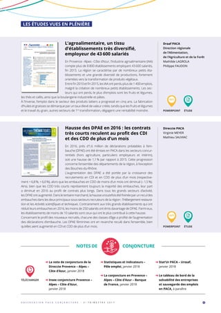 L’agroalimentaire, un tissu
d’établissements très diversifié,
employeur de 43 600 salariés
En Provence - Alpes - Côte d’Azur, l’industrie agroalimentaire (IAA)
compte plus de 8 800 établissements employant 43 600 salariés,
fin 2015. La région se caractérise par de nombreux petits éta-
blissements et une grande diversité de productions, fortement
orientées vers la transformation de produits végétaux.
Entrefin2010etfin2015,lesIAAontperduplusde1 400 emplois,
malgré la création de nombreux petits établissements. Les sec-
teurs qui ont perdu le plus d’emplois sont les fruits et légumes,
les thés et cafés, ainsi que la boulangerie industrielle et pâtes.
À l’inverse, l’emploi dans le secteur des produits laitiers a progressé en cinq ans. La fabrication
d’huiles et graisses se démarque par un taux élevé de valeur créée, tandis que les fruits et légumes
et le travail du grain, autres secteurs de 1re
transformation, dégagent une rentabilité moindre.
Hausse des DPAE en 2016 : les contrats
très courts reculent au profit des CDI
et des CDD de plus d’un mois
En 2016, près d’1,6 million de déclarations préalables à l’em-
bauche (DPAE) ont été émises en PACA dans les secteurs concur-
rentiels (hors agriculture, particuliers employeurs et intérim),
soit une hausse de 1,1 % par rapport à 2015. Cette progression
concerne l’ensemble des départements de la région, à l’exception
des Bouches-du-Rhône.
L’augmentation des DPAE a été portée par la croissance des
recrutements en CDI et en CDD de plus d’un mois (respective-
ment + 6,8 %, + 6,0 %), alors que les embauches en CDD de moins d’un mois ont diminué (– 1,5 %).
Ainsi, bien que les CDD très courts représentent toujours la majorité des embauches, leur part
a diminué en 2016 au profit de contrats plus longs. Dans tous les grands secteurs d’activité,
lesDPAEontaugmenté.Dansletertiairemarchand,lahausseatoutefoisétéfreinéeparunreculdes
embauches dans les deux principaux sous-secteurs recruteurs de la région : l’Hébergement-restaura-
tion et les Activités scientifiques et techniques. Contrairement aux très grands établissements qui ont
réduit leurs embauches en 2016, les moins de 250 salariés ont émis davantage de DPAE. Parmi eux,
les établissements de moins de 10 salariés sont ceux qui ont le plus contribué à cette hausse.
Concernant le profil des nouveaux recrutés, chacune des classes d’âge a profité de l’augmentation
des déclarations d’embauche. Les DPAE féminines ont en revanche reculé dans l’ensemble, bien
qu’elles aient augmenté en CDI et CDD de plus d’un mois.
➜ La note de conjoncture de la
Direccte Provence – Alpes –
Côte d’Azur, janvier 2018
➜ Insee conjoncture Provence –
Alpes – Côte d’Azur,
janvier 2018
➜ Statistiques et indicateurs –
Pôle emploi, janvier 2018
➜ La conjoncture en Provence –
Alpes – Côte d’Azur – Banque
de France, janvier 2018
➜ Stat’Ur PACA – Urssaf,
janvier 2018
➜ Le tableau de bord de la
solvabilité des entreprises
et sauvegarde des emplois
en PACA, à paraître
Draaf PACA
Direction régionale
de l’Alimentation,
de l’Agriculture et de la Forêt
Mathilde LAGROLA
Philippe FAUDON
Direccte PACA
Virginie MEYER
Mathieu SAUVIAC
PPT
POWERPOINT
PPT
POWERPOINT
ÉTUDE
ÉTUDE
NOTES DE CONJONCTURE
5O B S E R V A T I O N P A C A C O N J O N C T U R E - 3 e
T R I M E S T R E 2 0 1 7
LES ÉTUDES VUES EN PLÉNIÈRE
TÉLÉCHARGER
 