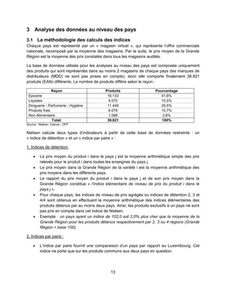 13
3 Analyse des données au niveau des pays
3.1 La méthodologie des calculs des indices
Chaque pays est représenté par un « magasin virtuel », qui représente l’offre commerciale
nationale, recomposé par la moyenne des magasins. Par la suite, le prix moyen de la Grande
Région est la moyenne des prix constatés dans tous les magasins audités.
La base de données utilisée pour les analyses au niveau des pays est composée uniquement
des produits qui sont représentés dans au moins 2 magasins de chaque pays (les marques de
distributeurs (MDD) ne sont pas prises en compte), donc elle comporte finalement 38.821
produits (EAN) différents. Le nombre de produits diffère selon le rayon :
Rayon Produits Pourcentage
Epicerie 16.133 41,6%
Liquides 4.075 10,5%
Droguerie - Parfumerie - Hygiène 11.449 29,5%
Produits frais 6.076 15,7%
Non Alimentaire 1.088 2,8%
Total: 38.821 100%
Source : Nielsen, Calculs : OFP
Nielsen calcule deux types d’indicateurs à partir de cette base de données restreinte : un
« indice de détention » et un « indice par paire » :
1. Indices de détention:
 Le prix moyen du produit i dans le pays j est la moyenne arithmétique simple des prix
relevés pour le produit i dans toutes les enseignes du pays j.
 Le prix moyen dans la Grande Région de la variété i est la moyenne arithmétique des
prix moyens dans les différents pays.
 Le rapport du prix moyen du produit i dans le pays j et de son prix moyen dans la
Grande Région constitue « l’indice élémentaire de niveau de prix du produit i dans le
pays j ».
 Pour chaque pays, les indices de niveau de prix agrégés ou indices de détention 2, 3 et
4/4 sont obtenus en effectuant la moyenne arithmétique des indices élémentaires des
produits détenus par au moins deux pays. Ainsi, les produits exclusifs à un pays ne sont
pas pris en compte dans cet indice de Nielsen.
 Exemple : un pays ayant un indice de 102,0 est 2,0% plus cher que la moyenne de la
Grande Région pour les produits détenus respectivement par 2, 3 ou 4 régions (Grande
Région = base 100).
2. Indices par paire :
 L’indice par paire fournit une comparaison d’un pays par rapport au Luxembourg. Cet
indice ne porte que sur les produits communs aux deux pays en question.
 