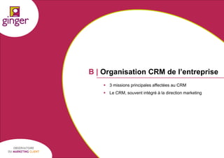 B | Organisation CRM de l’entreprise
 3 missions principales affectées au CRM

 Le CRM, souvent intégré à la direction marketing

OBSERVATOIRE
DU MARKETING CLIENT

P1305039 - Ginger / UDA / Médiapost - Observatoire du Marketing Client - nov 2013

13

 
