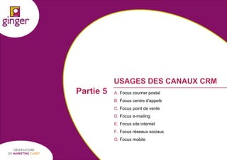 USAGES DES CANAUX CRM

Partie 5

A. Focus courrier postal
B. Focus centre d'appels
C. Focus point de vente
D. Focus e-mailing
E. Focus site internet
F. Focus réseaux sociaux
G. Focus mobile

OBSERVATOIRE
DU MARKETING CLIENT

P1305039 - Ginger / UDA / Médiapost - Observatoire du Marketing Client - nov 2013

45

 