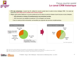 Focus courrier postal

Le canal CRM historique
 67% des entreprises, à savoir les 2/3, utilisent le courrier postal dans le cadre de leur stratégie CRM ; Ce canal est
aujourd’hui plus utilisé que le mobile et les centres d’appel.
 Malgré cette position flatteuse, le courrier postal est tout de même en perte de vitesse et perd de plus en plus d’adeptes :

 42% prévoient un baisse d’investissements ces prochaines années,
 46% annoncent une stabilité et seulement 12% envisagent une hausse.
C’est un canal qui doit se réinventer, se diversifier pour apporter des services complémentaires.

Taux d’utilisation en 2013

Evolution du budget en 2014*
Hausse
12%

Non utilisé
30%
 Sans pdv : 41% (vs 22%)
 Programme de fid : 37%
(vs 22%)

Envisagé à
court ou
moyen terme
2%

Baisse
42%
Oui, utilisé
67%
 Pdv : 76% (vs 54%)
 Site marchand : 73% (vs 59%)
 Programme de fid : 75% (vs 59%)

Stabilité
46%
Pas d’écart significatif

Q13. Quels sont les canaux utilisés par votre entreprise ou votre organisation pour déployer sa stratégie CRM ?
Q16. Selon vous, dans les deux années qui viennent, comment devrait évoluer le budget de votre entreprise sur ces différents canaux CRM ?
Base : 151 responsables des questions CRM dans leur entreprise. *base utilisateurs du courrier postal (101)

P1305039 - Ginger / UDA / Médiapost - Observatoire du Marketing Client - nov 2013

47

 